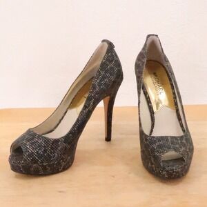 Michael Kors York Metallic Peep Toe Platform Pumps Womens Size 6 Black Gold Heel